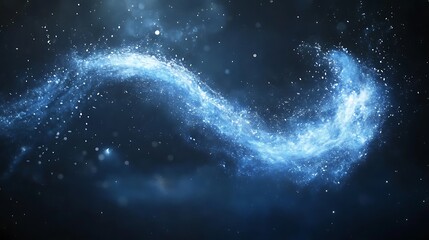 Glowing blue particles swirl on dark background.