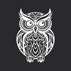 Fototapeta premium Owl Illustration. A highly detailed black and white owl illustration featuring intricate patterns and ornamental elements. For tattoos, wall art, or digital design projects.
