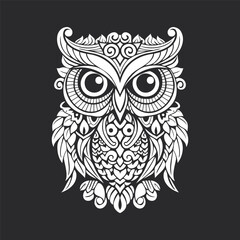 Fototapeta premium Owl Illustration. A highly detailed black and white owl illustration featuring intricate patterns and ornamental elements. For tattoos, wall art, or digital design projects.