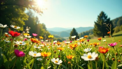 Obraz premium Sun-drenched wildflowers in overgrown meadow, vintage filter , rustic, vintage