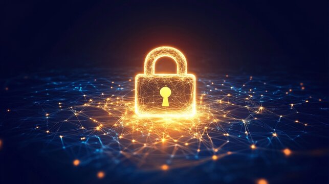 Securing connections glowing padlock symbol over network digital realm gigapixel art virtual environment conceptual visualization