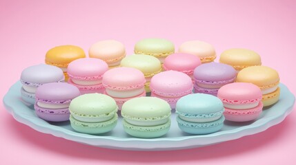 Obraz premium Pastel Macaroons on Light Blue Plate Against Pink Background