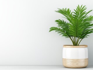 Obraz premium Lush green indoor plant in a stylish white and bamboo pot against a minimalist background