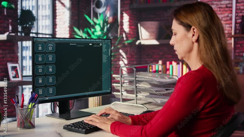 Poster woman typing prompts into an ai powered chat system on her computer, advanced virtual assistant show