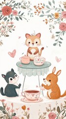 Naklejka premium Three cute animal friends gather around a floral table enjoying tea