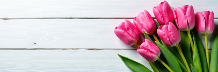 Fototapeta premium Bunch of pink tulips arranged on aged whitewashed wood , rustic charm, wooden texture