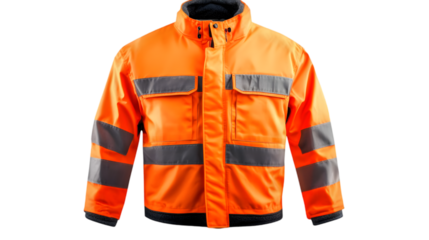 Bright orange high-visibility safety jacket with reflective silver stripes and front zipper, isolated on white background, ideal for construction workers, road safety uniforms, and industrial protecti