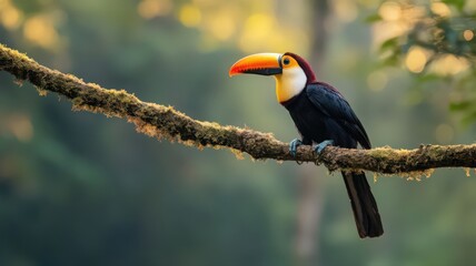 Obraz premium Vibrant Toucan Perched on Mossy Branch in Sunlit Rainforest
