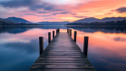 Obraz premium Serene Sunset: Wooden Dock Extends to Peaceful Lake with Mountain Reflections, Inspiring Tranquility