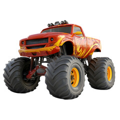 Obraz premium Red monster truck with large wheels and lifted suspension perfect for off road adventure extreme sports or rugged vehicle promotional design themes