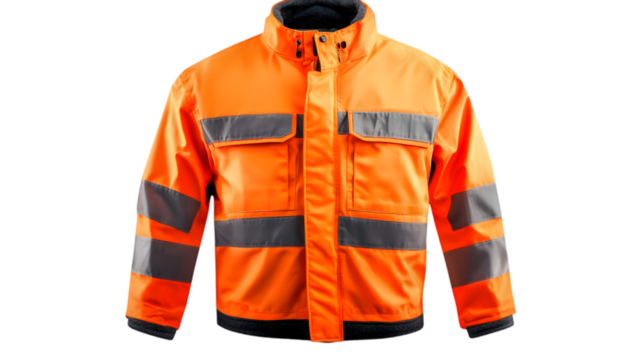 Bright orange high-visibility safety jacket with reflective silver stripes and front zipper, isolated on white background, ideal for construction workers, road safety uniforms, and industrial protecti