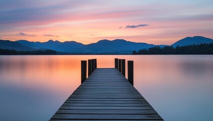 Serene Sunset: Wooden Dock Extends to Peaceful Lake, Mountains Silhouette at Dusk, Tranquil Nature Scene