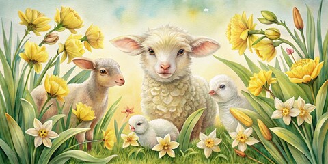Vintage Clipart: Birds, Lamb, Daffodils & Flowers - Springtime Illustration