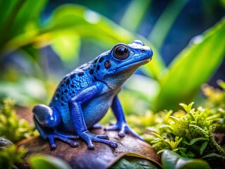 Obraz premium Vintage Close-up of Sapphire Blue Poison Dart Frog in Lush Green Habitat
