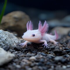 Obraz premium Albino axolotl aquarium closeup, aquatic pet, dark background, nature