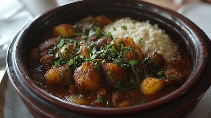 Delicious Stew with Potatoes and Couscous Served in Rustic Bowl, close view