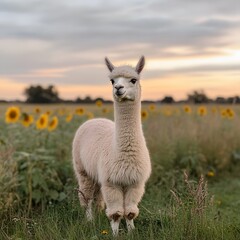 Fototapeta premium Alpaca sunset sunflower field farm animal portrait