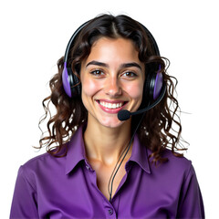 Smiling woman with headset, customer service representative, call center agent. Isolated on transparent background. Friendly, professional headshot portrait.