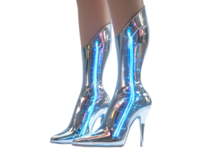 Futuristic silver ankle boots with neon glowing accents and high heels