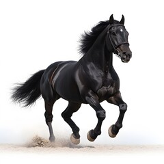 Obraz premium Black stallion galloping, studio shot, sand, white background, equestrian art