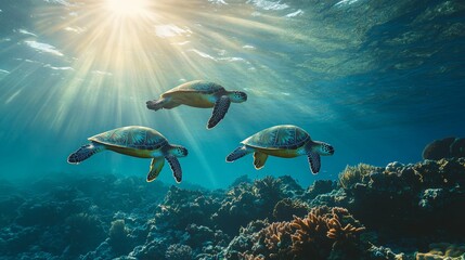 Obraz premium Group of sea turtles swimming together ocean gigapixel image underwater environment close-up view marine life beauty