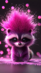Adorable raccoon with vibrant neon fur and surreal glowing elements. Futuristic fantasy animal.