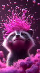 Fantasy raccoon with glowing pink fur and bioluminescent particles floating in the air. Digital art concept.