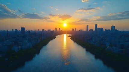 Fototapeta premium Cityscape view at sunset with river reflecting light, buildings, and blue sky
