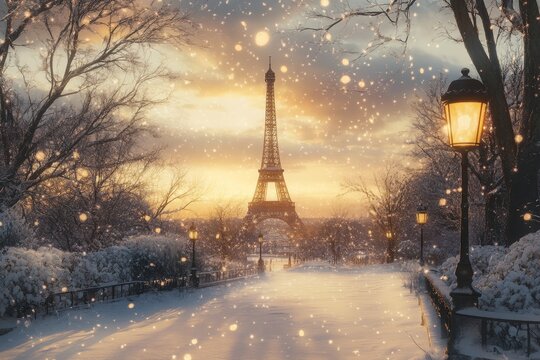 Enchanting winter wonderland in paris  the eiffel tower surrounded by snow and sunset hues