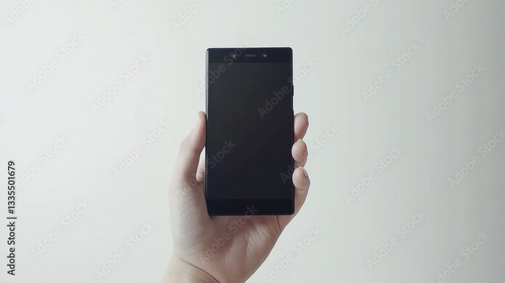 Poster gripping black smartphone in hand urban setting portrait image technology environment close-up view 