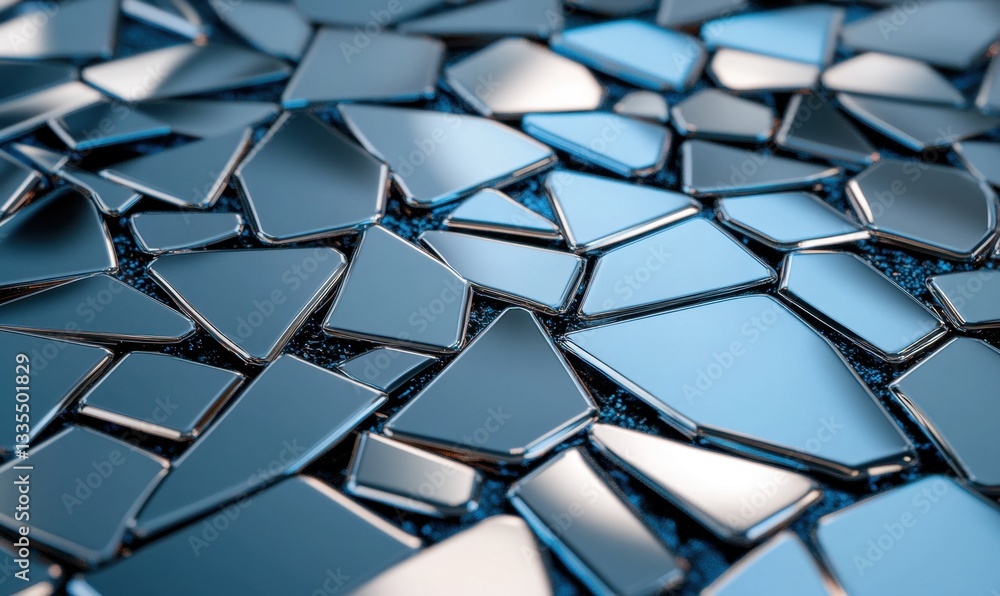 Poster shattered metallic surface, reflective shards, abstract background, design element
