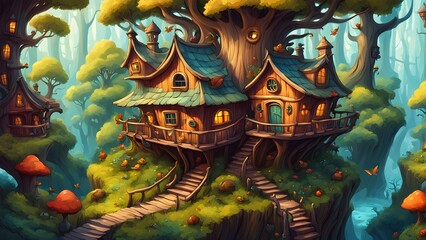 Fototapeta premium A whimsical illustration depicts a charming two-story treehouse nestled a vibrant autumn forest, complete wooden staircases magical mushroom details.