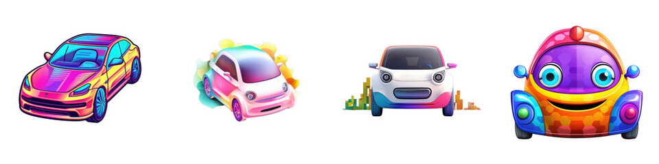 Colorful cars, vibrant design, playful style isolated on white or transparent