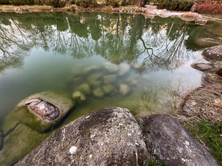Beautiful lake rocks in artificial lake park in Istanbul, Turkey.