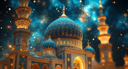 Beautiful Mosque with Blue Dome and Glowing Minarets under Starry Night Sky

