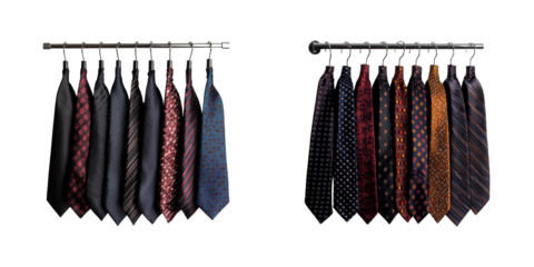 Elegant Collection of Ties in Various Patterns and Colors Hanging Neatly