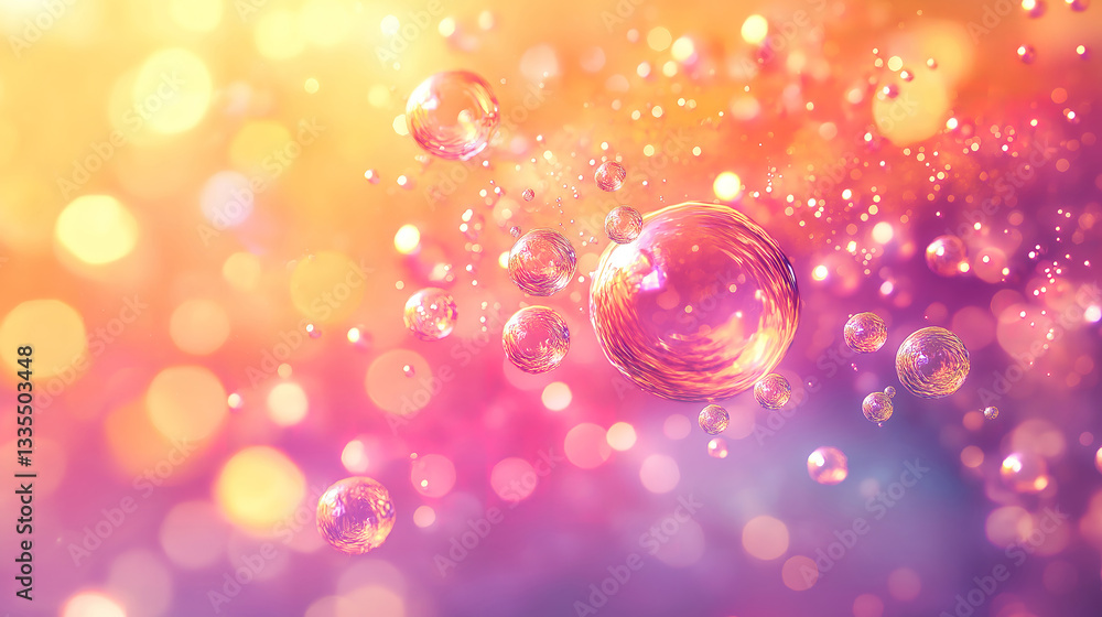Poster translucent bubbles and swirls illuminated by warm golden light on a colorful abstract gradient back