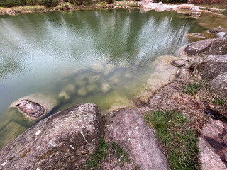 Beautiful lake rocks in artificial lake park in Istanbul, Turkey.