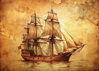 Vintage Sailing Ship Sketch on Parchment - Nautical History Illustration