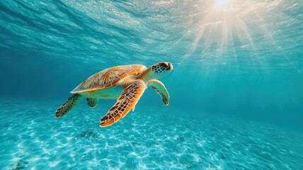 Obraz premium Sea Turtle Underwater in Vibrant Turquoise Water with Sunlight