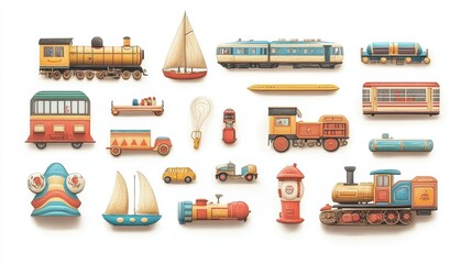 Illustrated assortment of toy vehicles and transportation methods arranged together