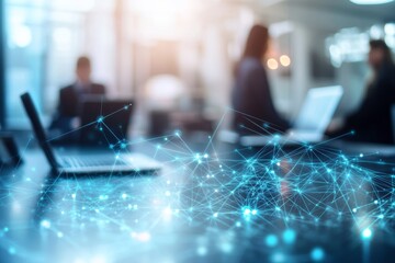 Business professionals collaborating with laptops in an office surrounded by digital connectivity