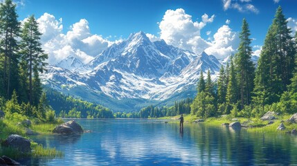 Man fishing at mountain lake, sunny landscape