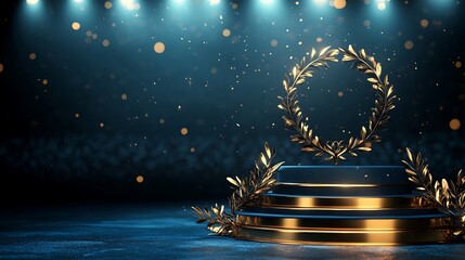A golden wreath adorns a tiered stage under spotlights with sparkles