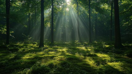 Obraz premium Sunlight streams through misty forest floor