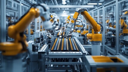 Fototapeta premium Revolutionizing battery production high-tech assembly line for lithium-ion batteries industry video factory futuristic gigapixel