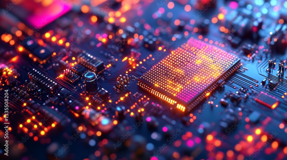 Poster exploring semiconductor nanocomponents high-tech lab gigapixel closeup scientific environment macro 