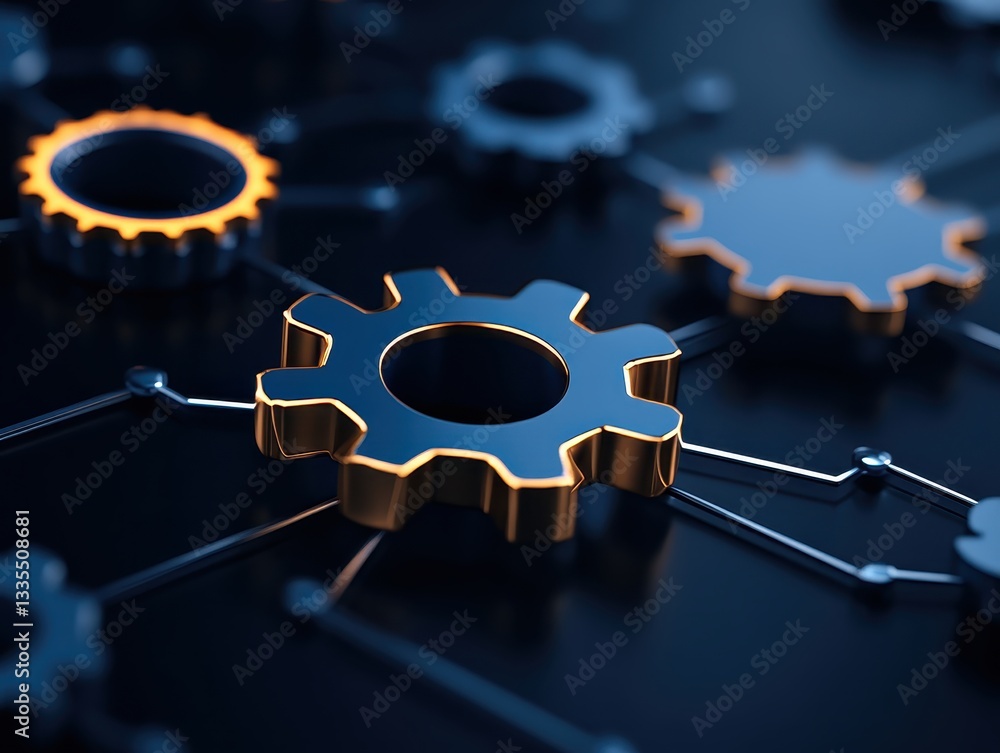 Poster close-up of interconnected gears with glowing edges on a dark background