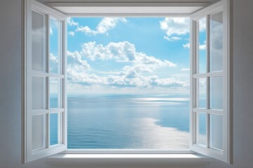 Stunning ocean view from open house window showcasing sea horizon and cloudy sky through frame