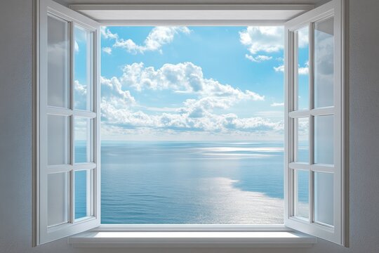 Fototapeta Stunning ocean view from open house window showcasing sea horizon and cloudy sky through frame